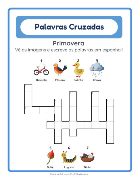 Prévia: Aprender espanhol: Primavera – palavras cruzadas para crianças