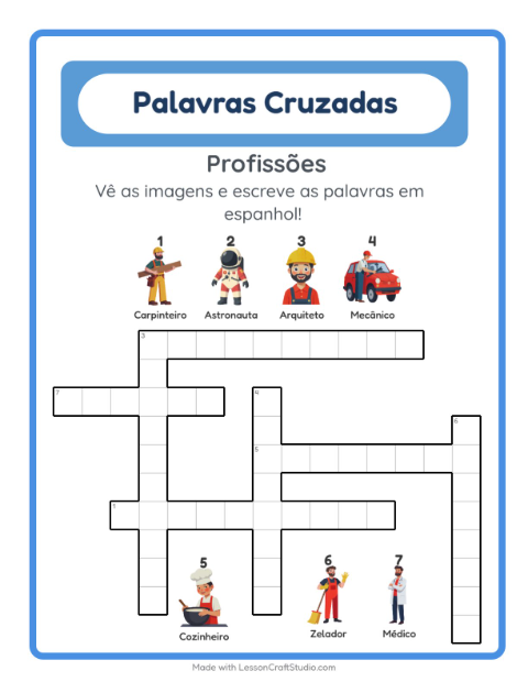 Prévia: Aprender espanhol: Profissões – palavras cruzadas para crianças