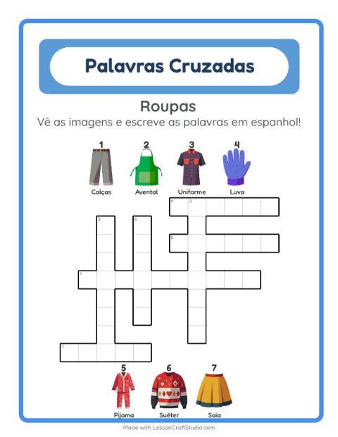 Palavras cruzadas em espanhol com imagens – Roupas