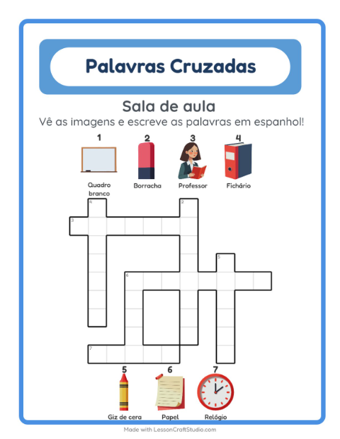 Prévia: Aprender espanhol: Sala de aula – palavras cruzadas para crianças