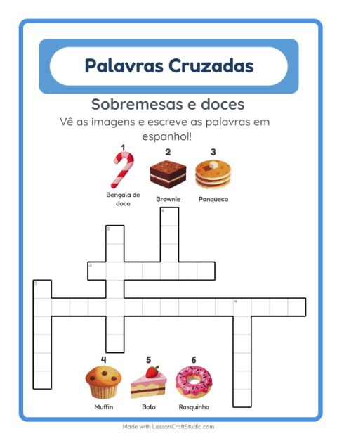 Prévia: Aprender espanhol: Sobremesas e doces – palavras cruzadas para crianças