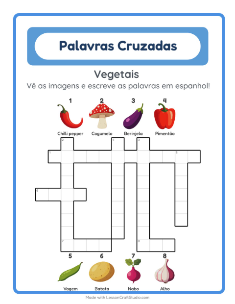 Palavras cruzadas em espanhol com imagens – Vegetais
