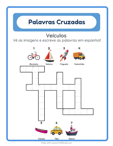 Prévia: Aprender espanhol: Veículos – palavras cruzadas para crianças