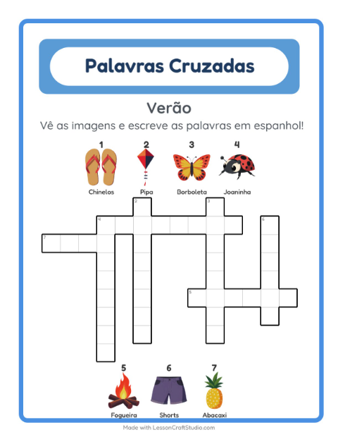 Palavras cruzadas em espanhol com imagens – Verão