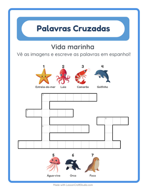Palavras cruzadas em espanhol com imagens – Vida marinha