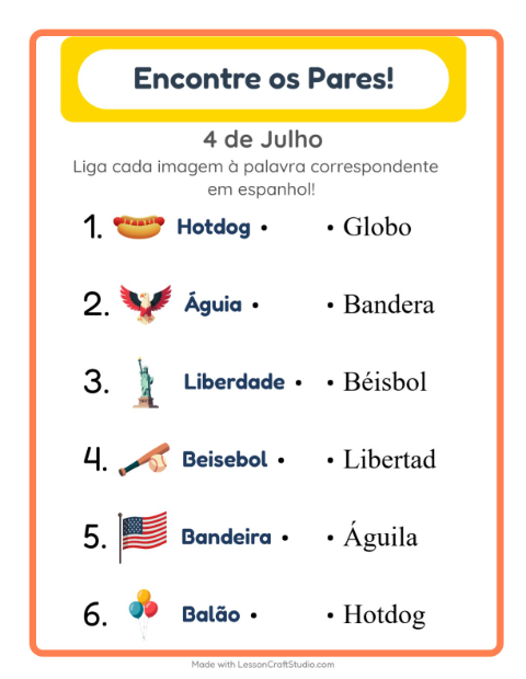Pré-visualização da ficha de Pareamento com 4 de Julho para Educação infantil (pré-escola, 5-7 anos)