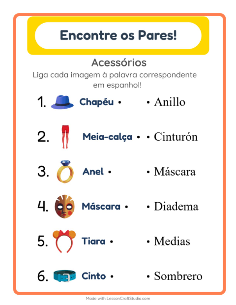 Ligar imagens e palavras em espanhol – Acessórios