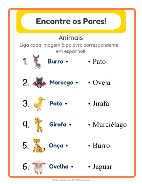 Ligar imagens e palavras em espanhol – Animais
