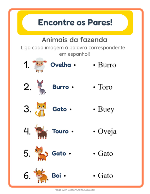 Ligar imagens e palavras em espanhol – Animais da fazenda