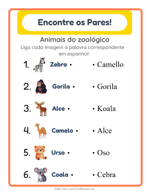 Ligar imagens e palavras em espanhol – Animais do zoológico