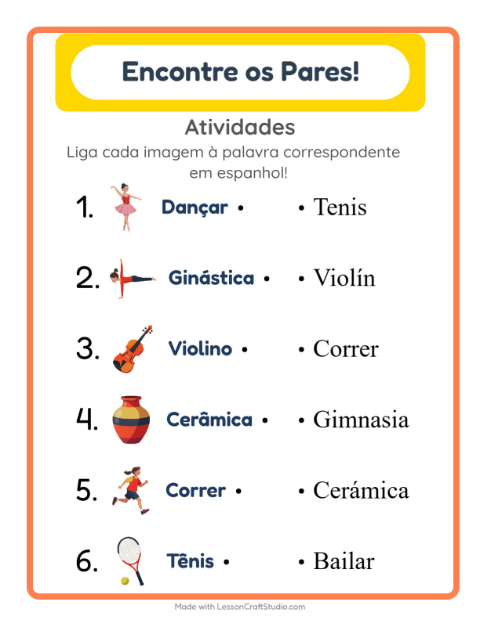 Prévia: Aprender espanhol: Atividades – ligar imagens e palavras para crianças