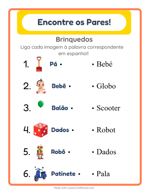 Ligar imagens e palavras em espanhol – Brinquedos