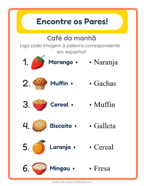 Ligar imagens e palavras em espanhol – Café da manhã