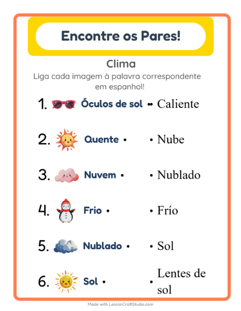 Ligar imagens e palavras em espanhol – Clima