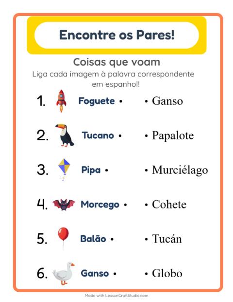 Ligar imagens e palavras em espanhol – Coisas que voam