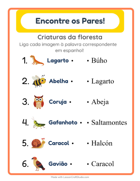 Ligar imagens e palavras em espanhol – Criaturas da floresta