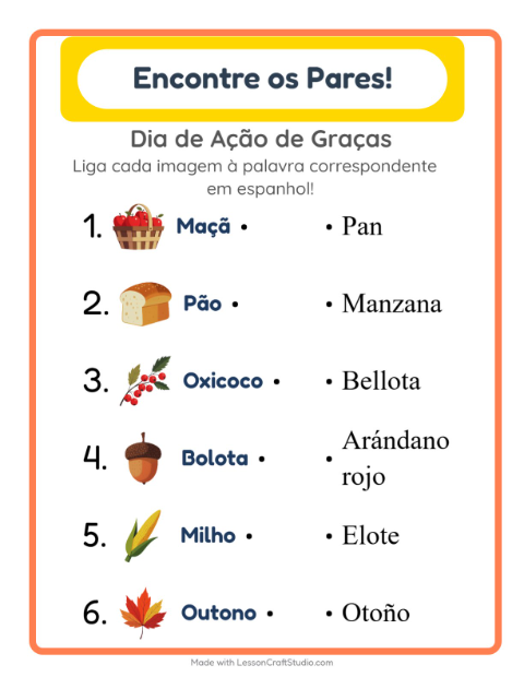 Ligar imagens e palavras em espanhol – Dia de Ação de Graças