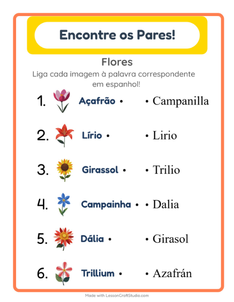 Prévia: Aprender espanhol: Flores – ligar imagens e palavras para crianças