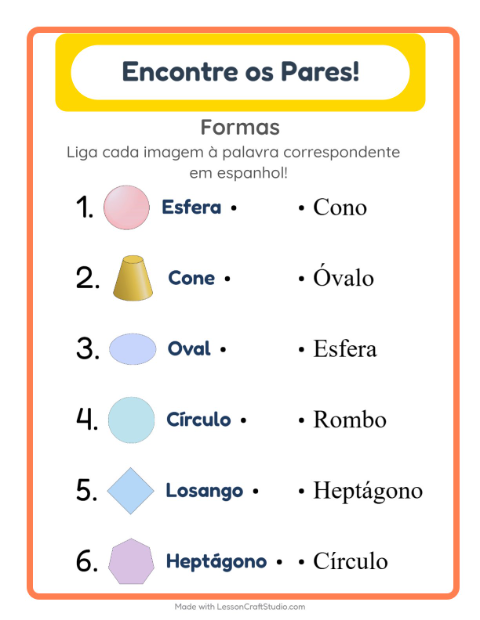 Prévia: Aprender espanhol: Formas – ligar imagens e palavras para crianças