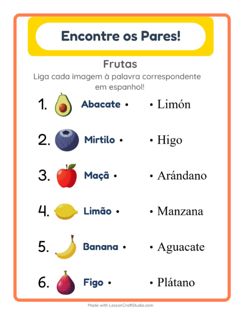 Ligar imagens e palavras em espanhol – Frutas