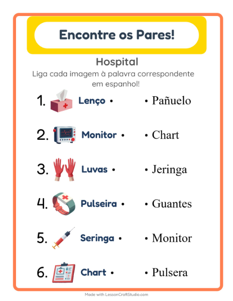 Ligar imagens e palavras em espanhol – Hospital