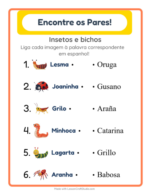 Ligar imagens e palavras em espanhol – Insetos e bichos