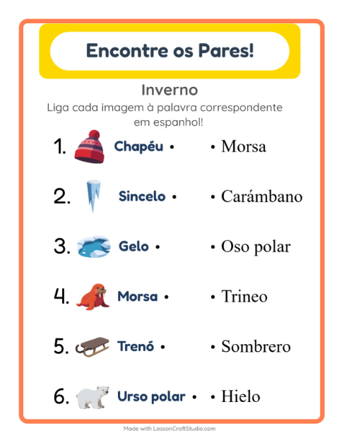 Ligar imagens e palavras em espanhol – Inverno