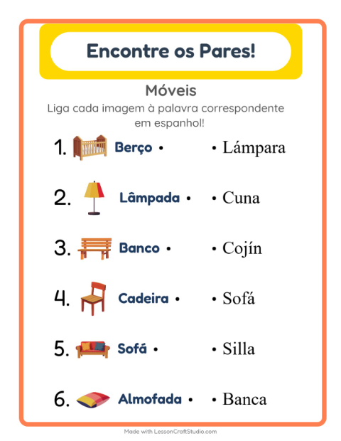 Prévia: Aprender espanhol: Móveis – ligar imagens e palavras para crianças