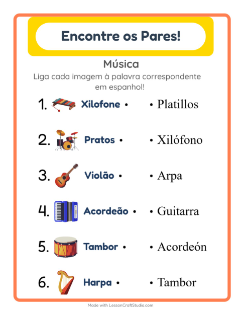 Prévia: Aprender espanhol: Música – ligar imagens e palavras para crianças