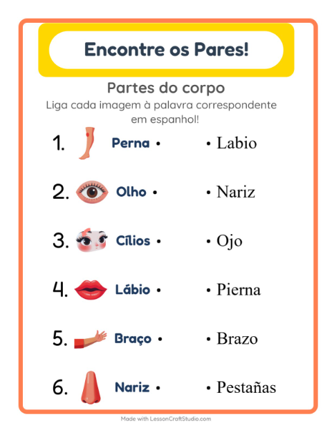Prévia: Aprender espanhol: Partes do corpo – ligar imagens e palavras para crianças