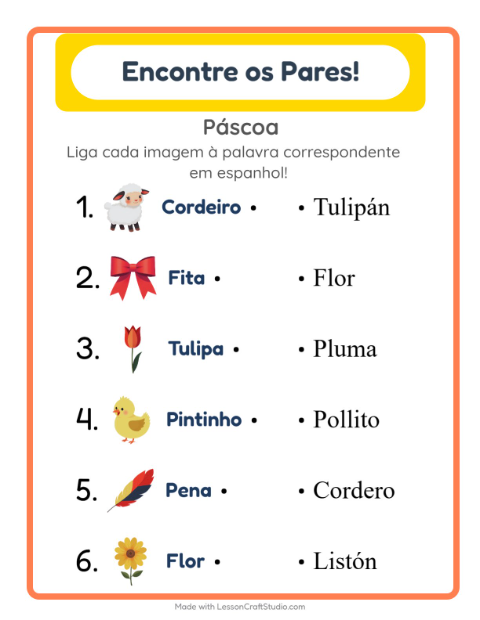 Prévia: Aprender espanhol: Páscoa – ligar imagens e palavras para crianças