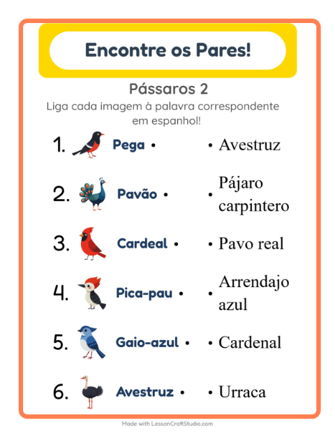 Ligar imagens e palavras em espanhol – Pássaros 2