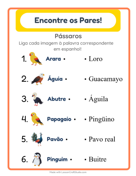 Ligar imagens e palavras em espanhol – Pássaros