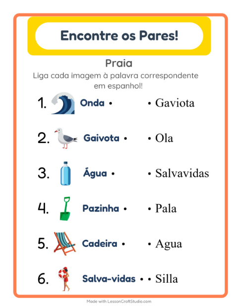 Ligar imagens e palavras em espanhol – Praia