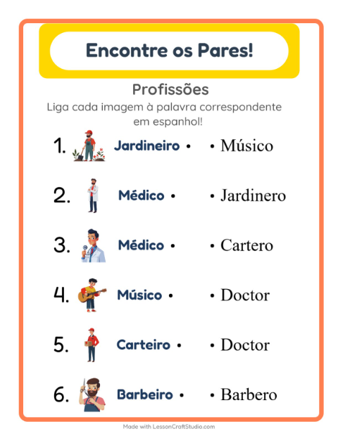 Ligar imagens e palavras em espanhol – Profissões