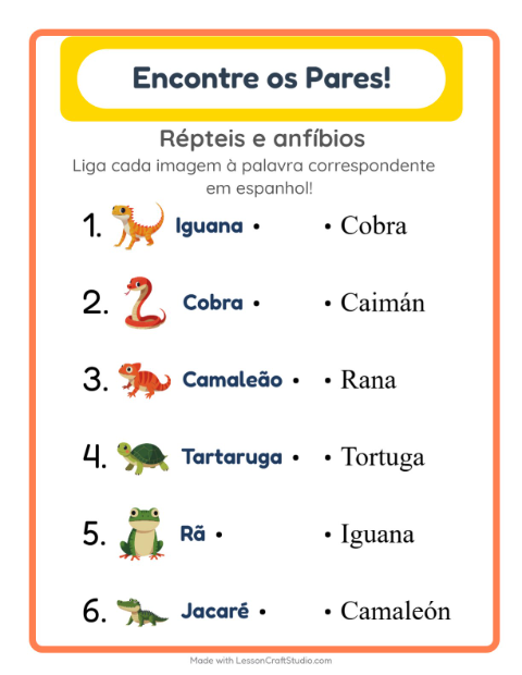 Ligar imagens e palavras em espanhol – Répteis e anfíbios