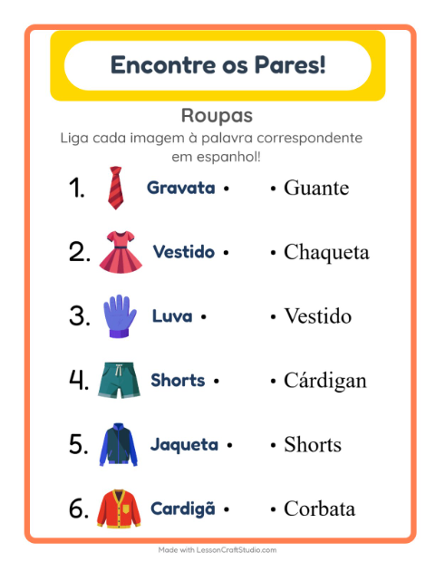 Ligar imagens e palavras em espanhol – Roupas