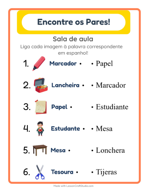 Prévia: Aprender espanhol: Sala de aula – ligar imagens e palavras para crianças