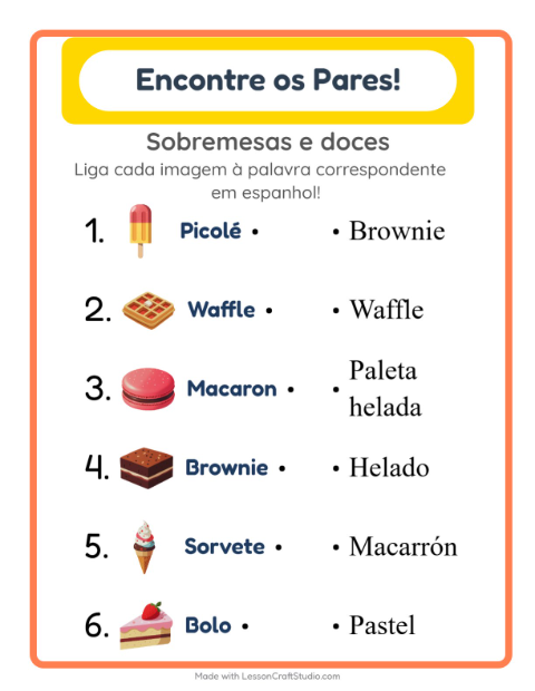 Ligar imagens e palavras em espanhol – Sobremesas e doces