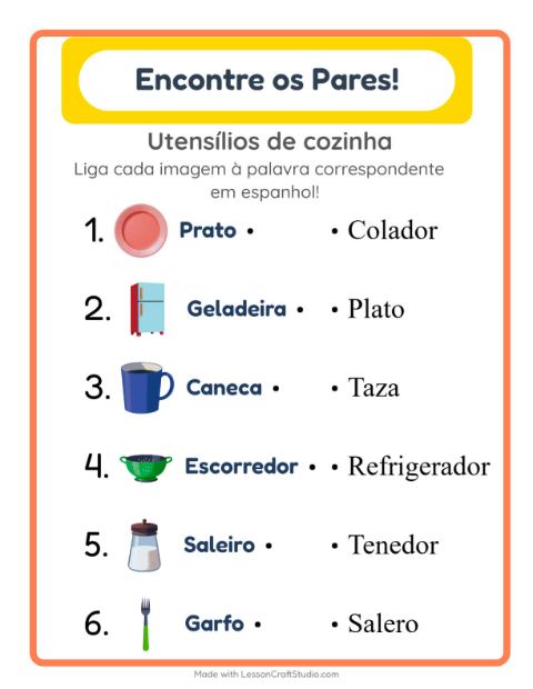 Ligar imagens e palavras em espanhol – Utensílios de cozinha