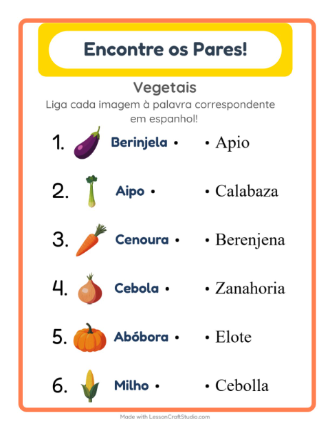 Ligar imagens e palavras em espanhol – Vegetais