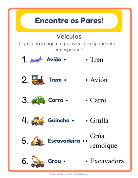 Prévia: Aprender espanhol: Veículos – ligar imagens e palavras para crianças