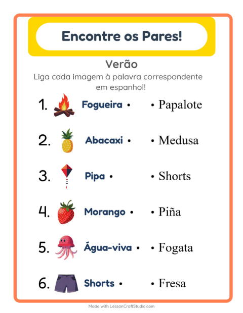 Ligar imagens e palavras em espanhol – Verão