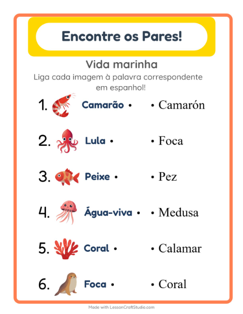 Ligar imagens e palavras em espanhol – Vida marinha