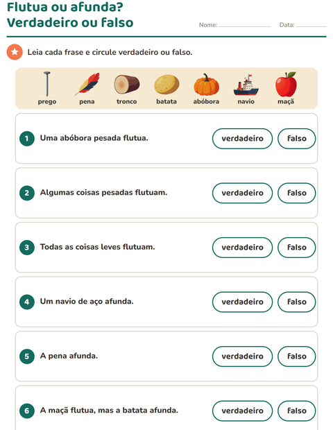 Flutua ou afunda? Verdadeiro ou falso
