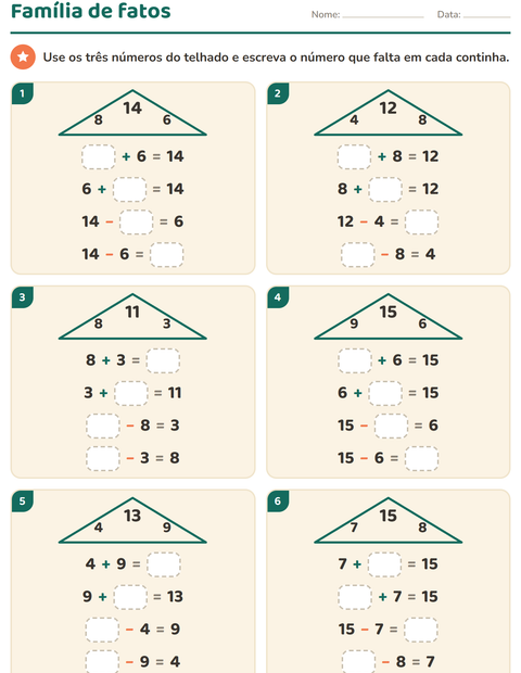Pré-visualização da ficha de Família de fatos para 1º ano do ensino fundamental