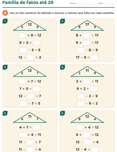 Pré-visualização da ficha de Família de fatos para 1º ano do ensino fundamental