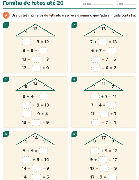 Pré-visualização da ficha de Família de fatos para 1º ano do ensino fundamental