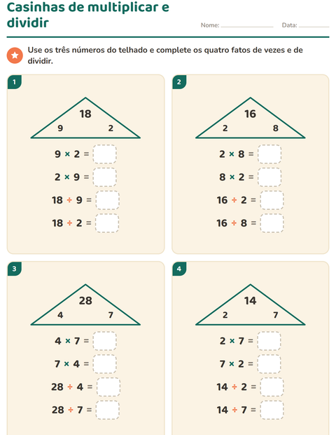 Prévia: Casinhas de multiplicar e dividir: quatro fatos irmãos