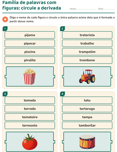 Pré-visualização da ficha de Família de palavras para 1º ano do ensino fundamental